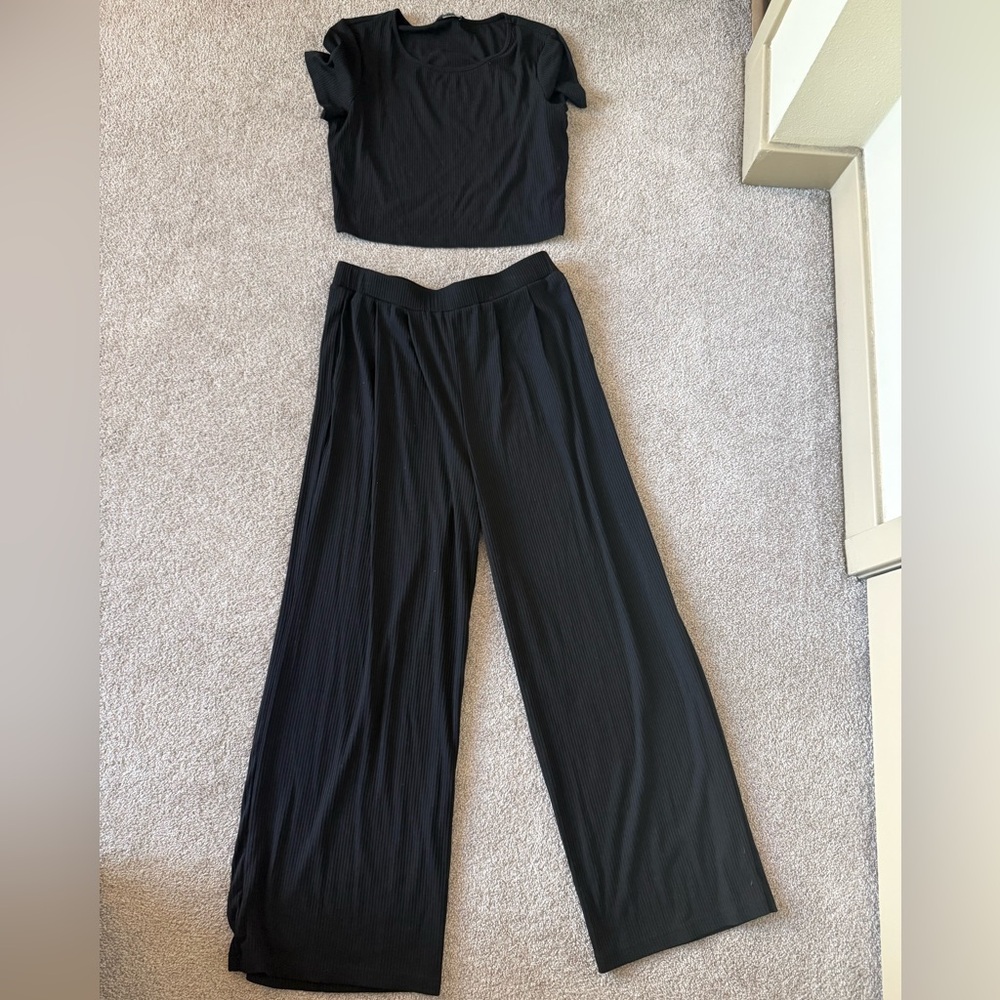 Black wide leg two piece lounge set